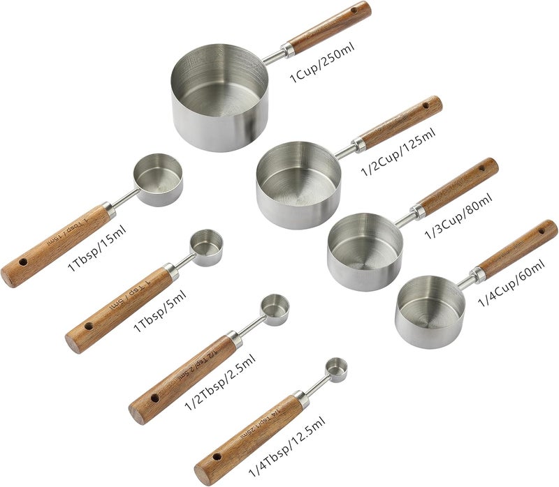 DAJLFA 8PCS Measuring Cups, Stainless Steel Measuring Cups and Spoons Set with Ergonomic Wooden Handle for Cooking & Baking - Image 2